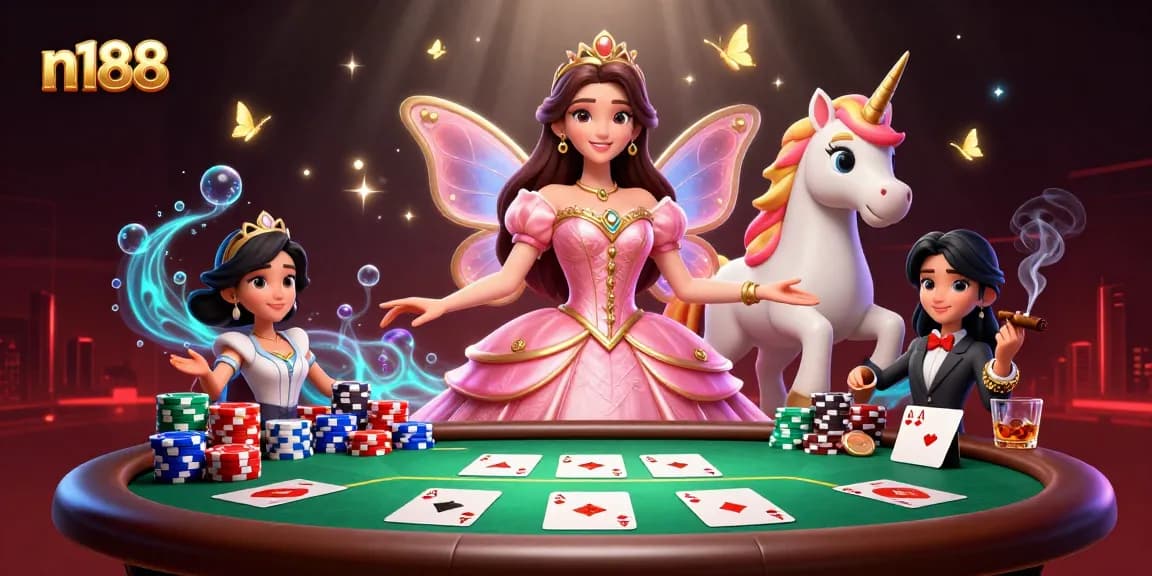 Join the excitement at n188 with a glamorous 3D scene capturing the thrill of poker and vibrant characters.