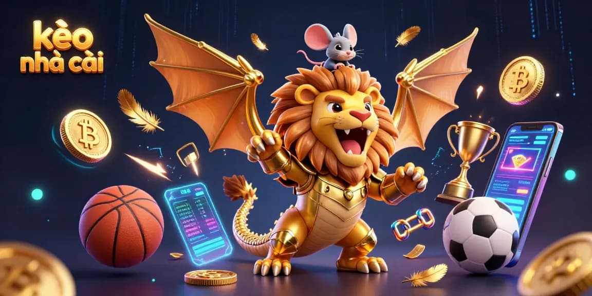 Engaging illustration of kèo nhà cái betting scene with a dynamic chimera and sports elements.