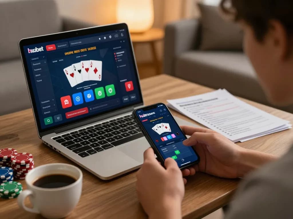 Play poker on the hubet app from a cozy home setting, showcasing strategy notes and relaxed atmosphere.
