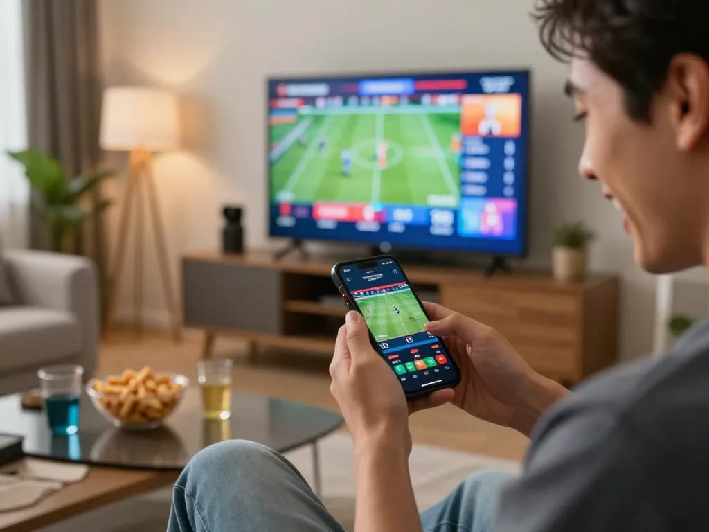 Person placing a bet on C168's sports app while enjoying a lively home atmosphere