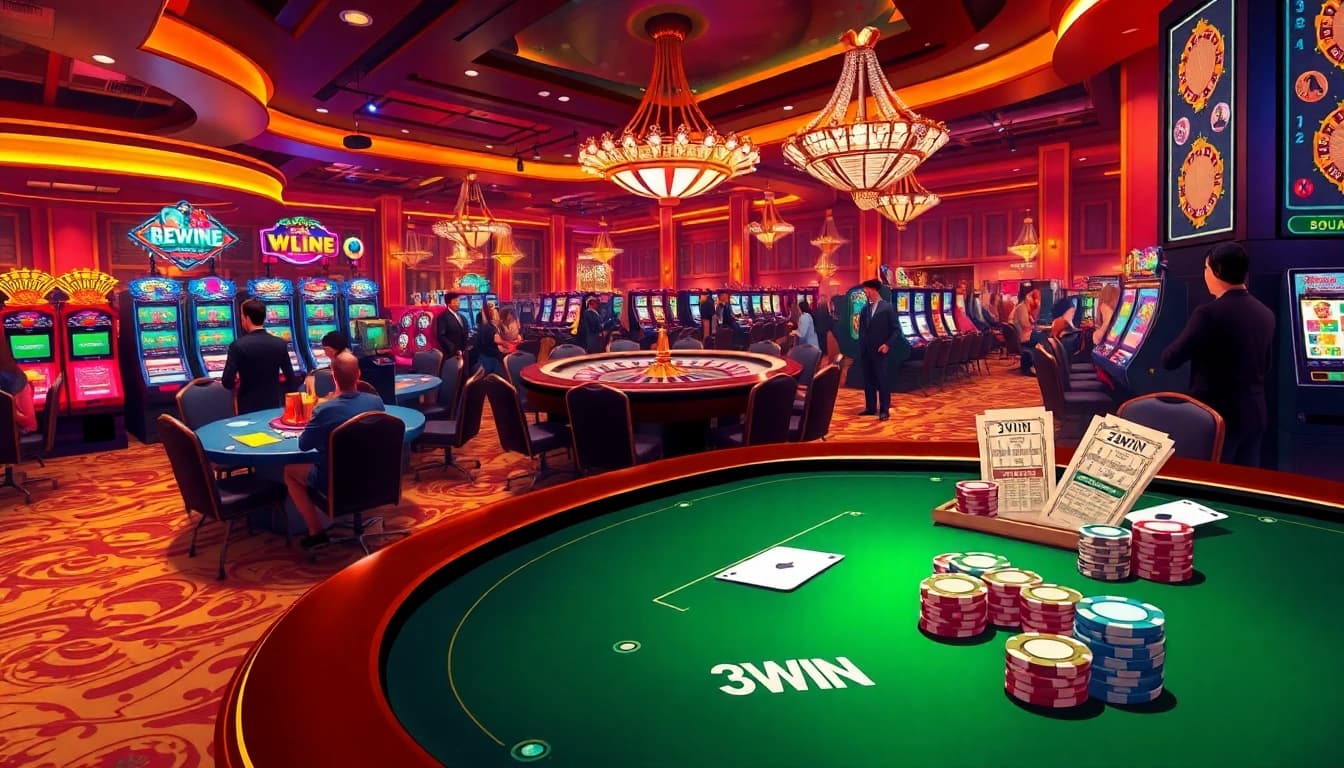 A dynamic casino scene showcasing a poker table with chips and betting slips, embodying the excitement of 3WIN gaming.