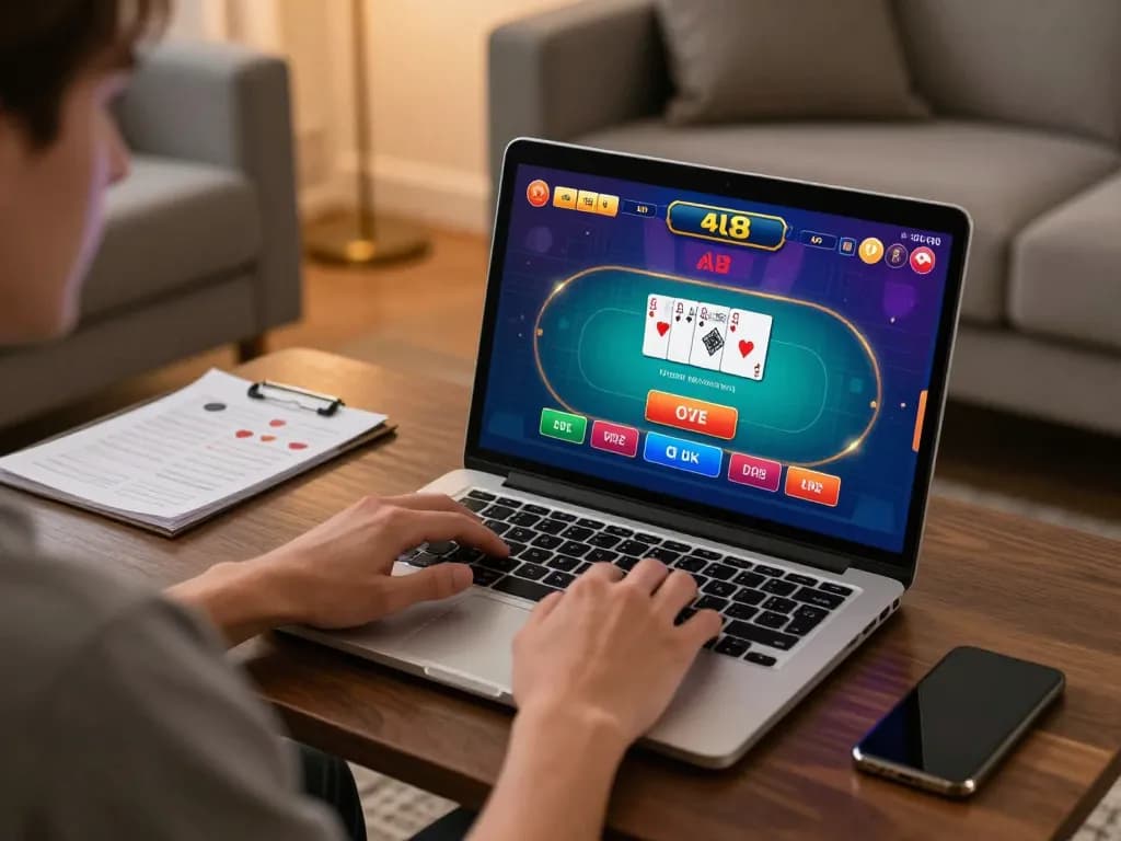 Player engaging in alo8 online poker game at home, showcasing gaming setup and strategy notes.