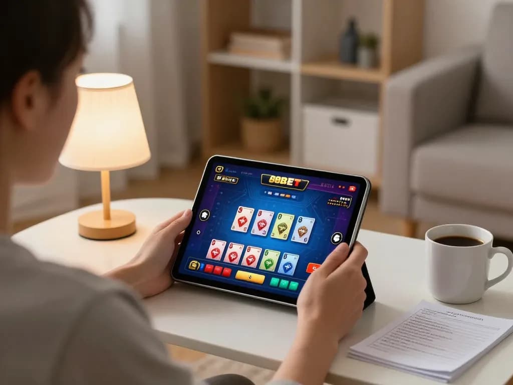 Player engaging in 88bet casino gaming on tablet in a comfortable home setting, designing strategies.