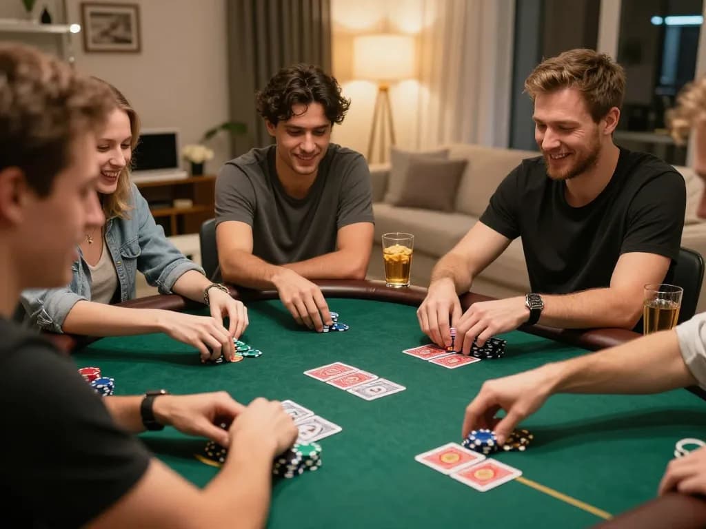 Players enjoy a thrilling poker night at home, showcasing tg88 card strategies and social fun.