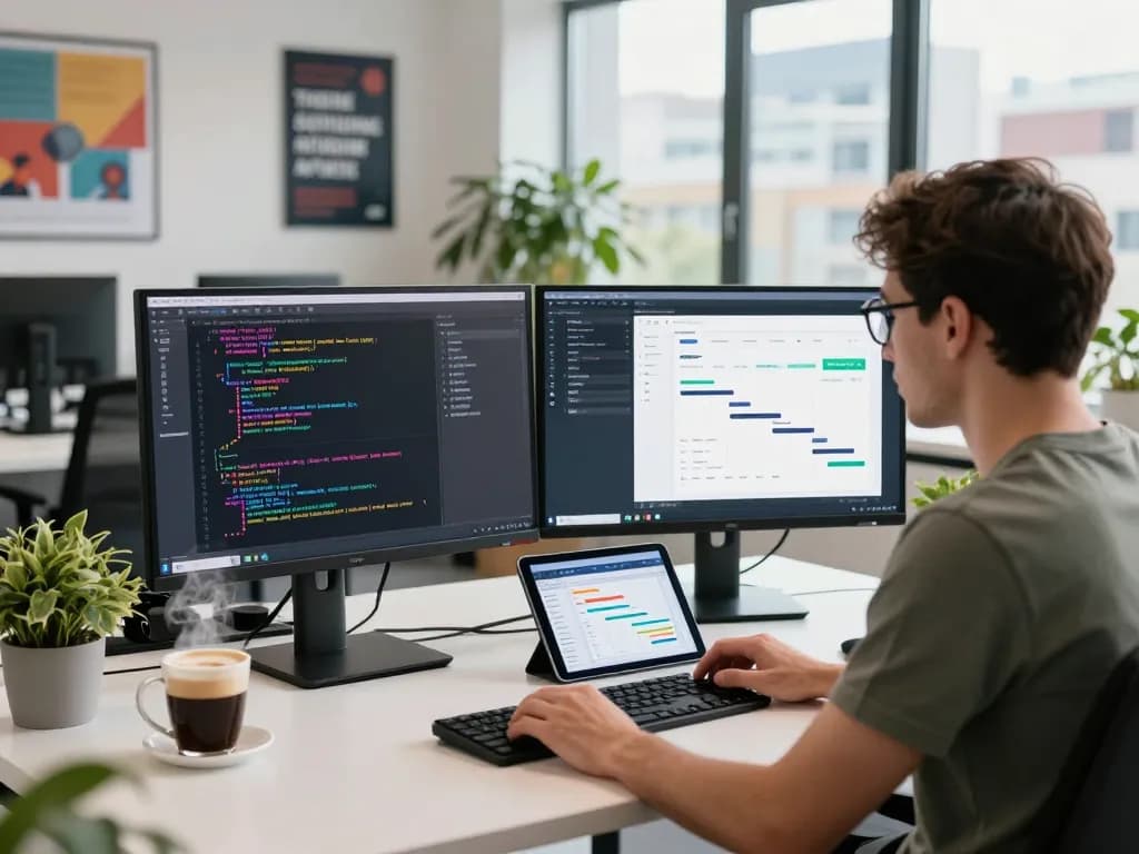 Webanwendung beauftragen in einem lebhaften Tech-Arbeitsbereich, der Codierung und Innovation zeigt.