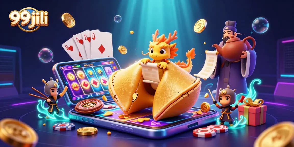 Spin colorful slot games with 99 jili in an exciting casino atmosphere featuring a giant fortune cookie.