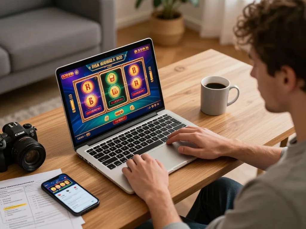 Experience thrilling gameplay at 98win9 with a player enjoying online slots and poker in a cozy home setting.