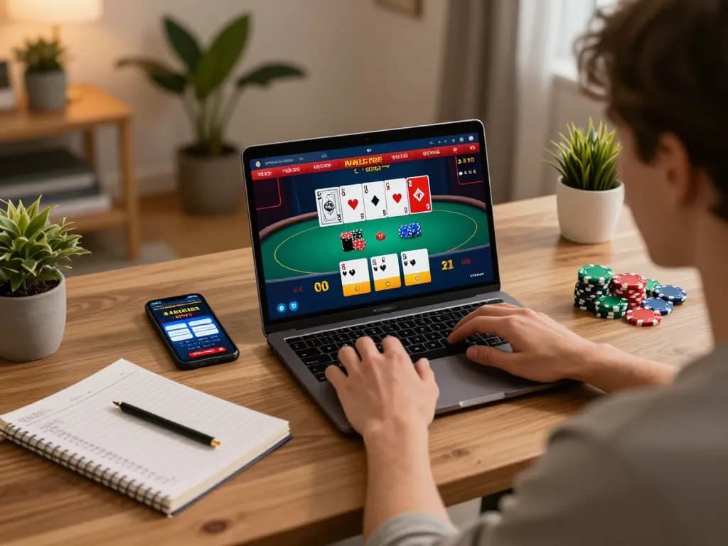 Engaging online gambling moment at nhà cái nk88 showing poker play on a laptop with strategy notes nearby.