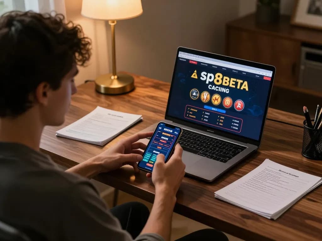 Player exploring sp8beta online casino on smartphone in a cozy home office.