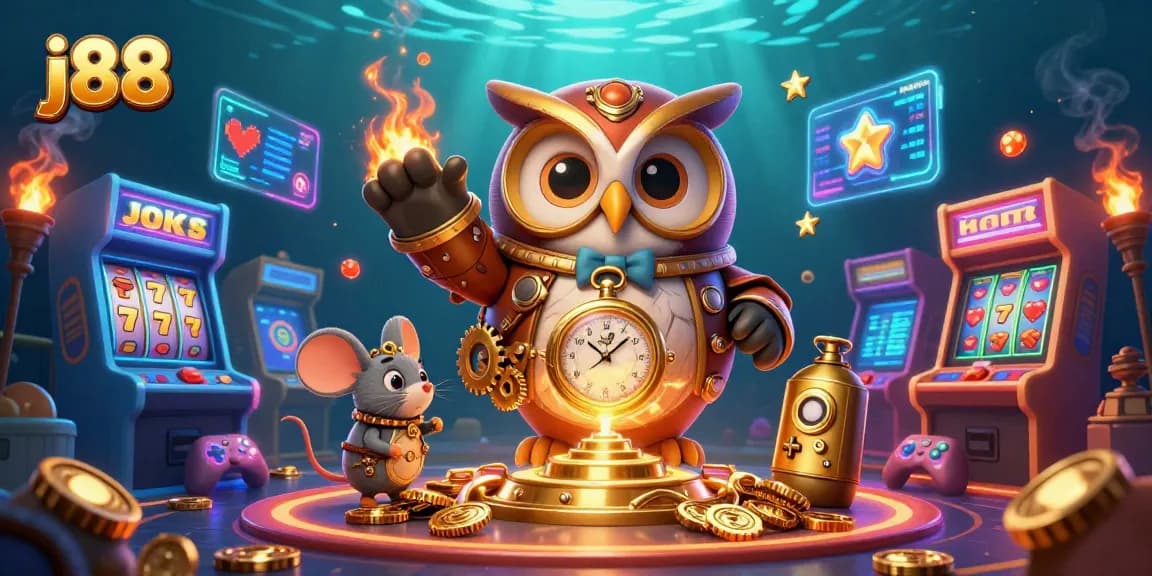 Play casino games with j88 as a 3D cartoon owl and mouse in a vibrant illustration.