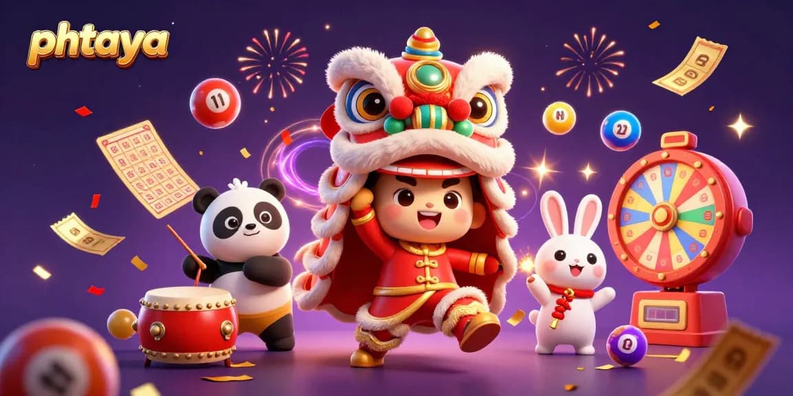 Experience the excitement of phtaya with a vibrant 3D illustration showcasing a Chinese lion dance surrounded by colorful lottery elements.