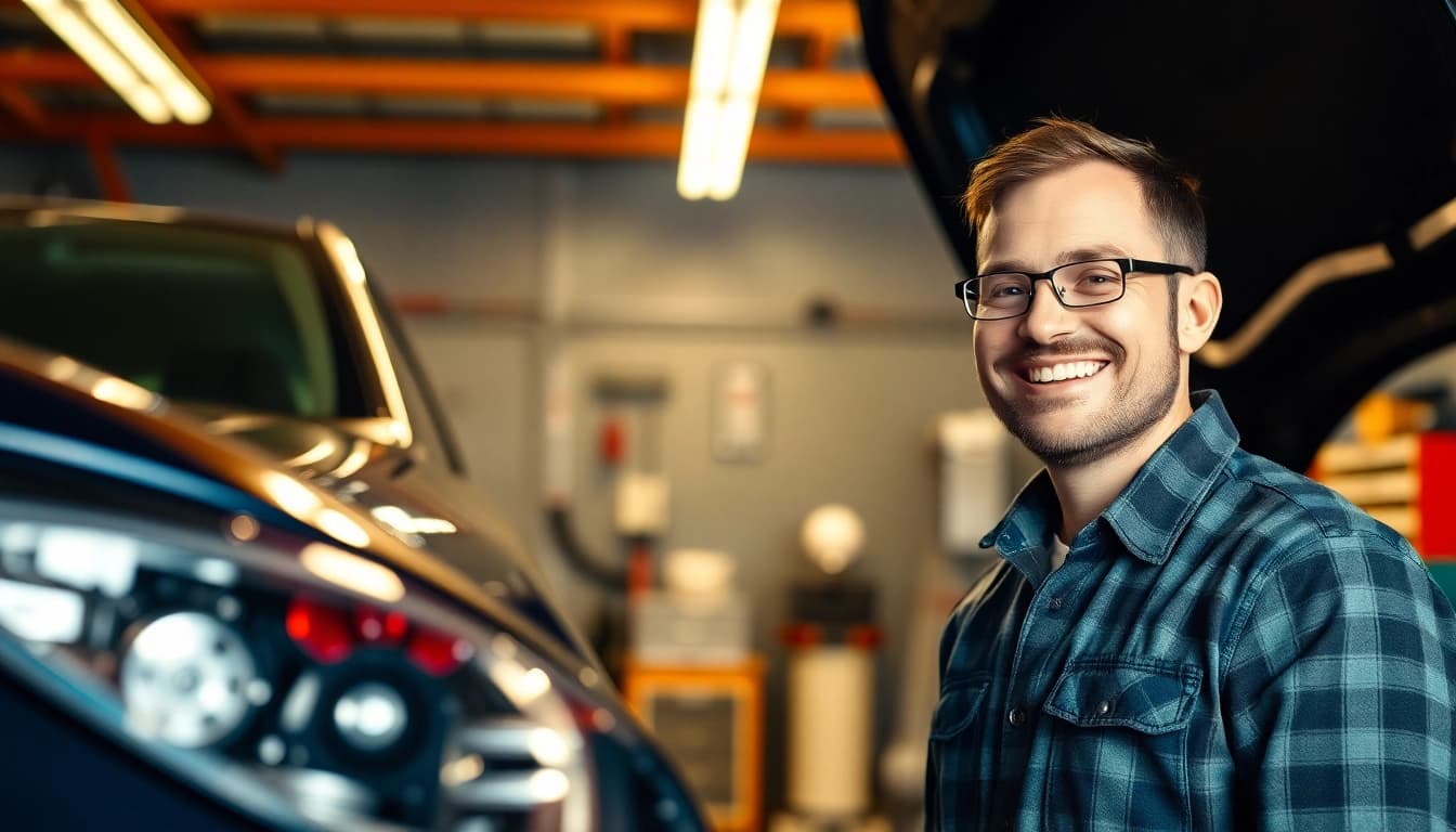 Spot Repair günstig: Mechaniker repariert Kratzer an einem Auto in einer modernen Werkstatt.