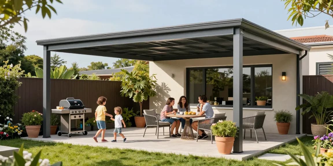 Terrassenüberdachung bietet Schutz und Stil für entspannte Familienmomente im Garten.