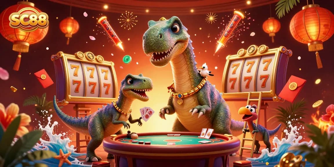 SC88 players enjoy a fun slot game scene with a brontosaurus dealer and raptor cards, vibrant casino elements around