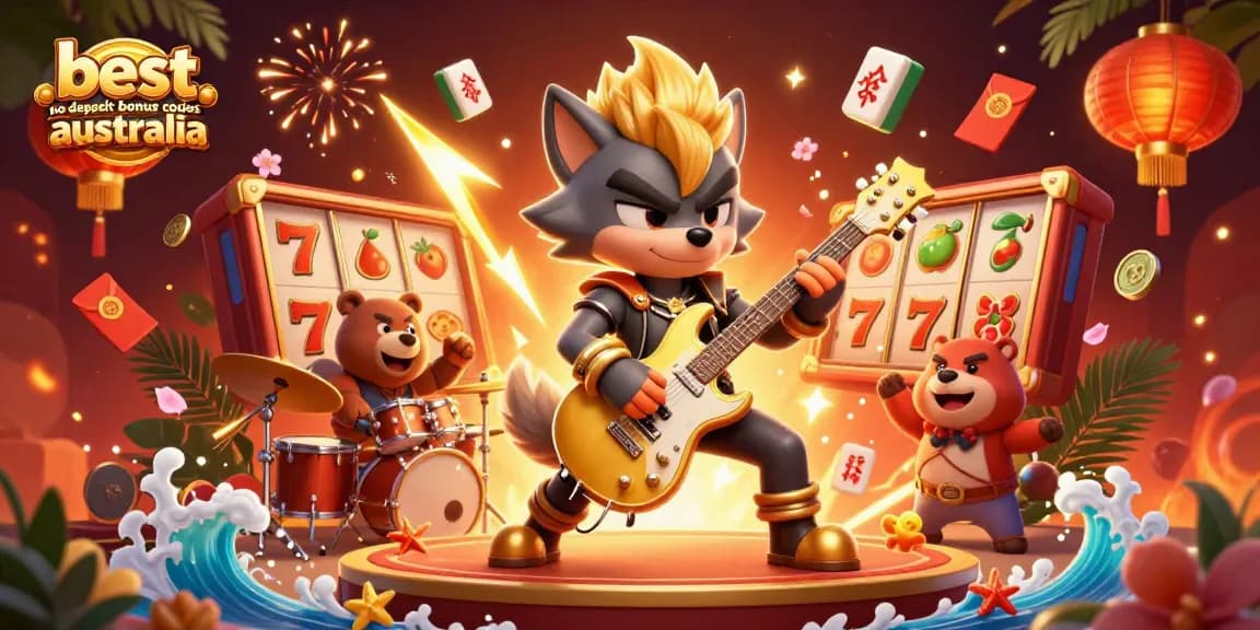 Experience the excitement of the best no deposit bonus codes australia with a vibrant casino scene featuring a rock star wolf and a wild drummer bear.