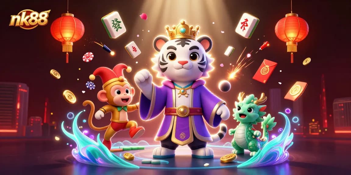 Engage with thrilling games at nk88, featuring a lively scene with a tiger, monkey, and jade dragon.