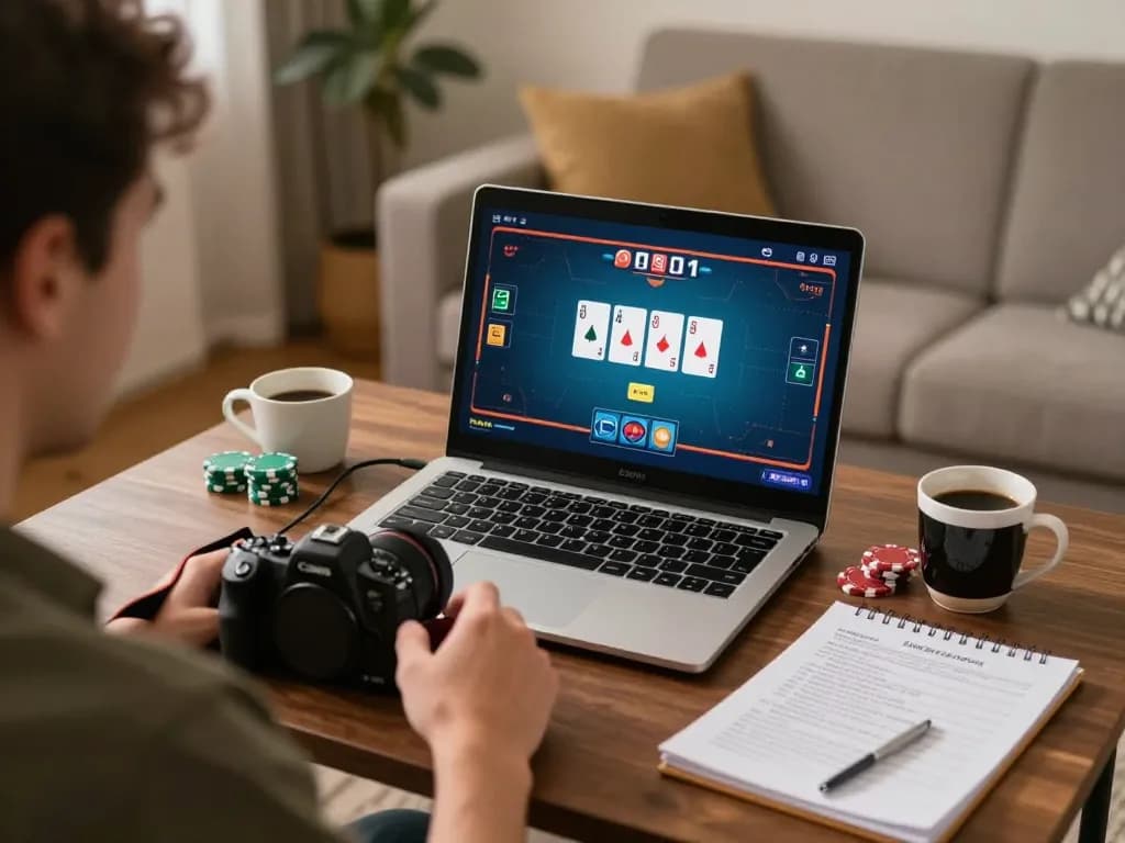 Player engaging in online poker at home while using CK444 com for a more thrilling gaming experience.