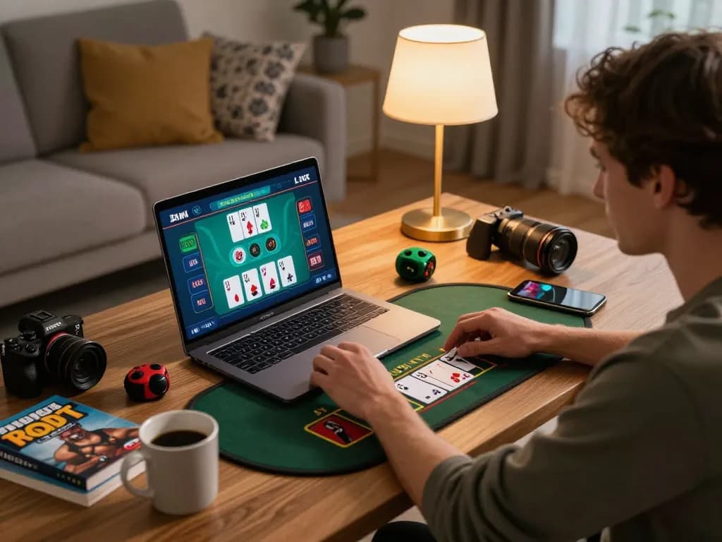 Player using a laptop for live dealer blackjack, showcasing da88 gaming interface and strategy elements.