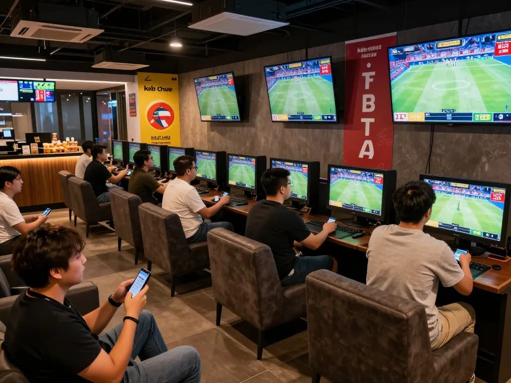 Engaging scene of sports betting enthusiasts using kèo nhà cái odds on mobile devices in a lively lounge.