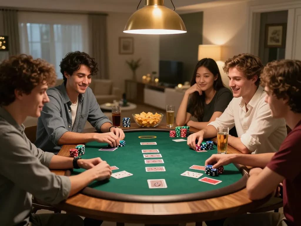 Friends enjoying a poker night with fun79 gameplay under warm lighting.