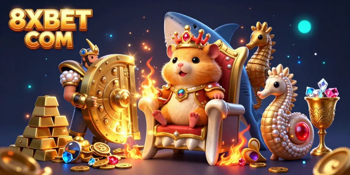 Experience thrilling wins with 8XBET COM's vibrant gaming scene featuring the golden hamster king and treasure!