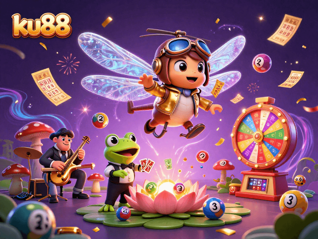 ku88 showcases an exciting casino scene with a dragonfly pilot, frog dealer, and jazz musicians.