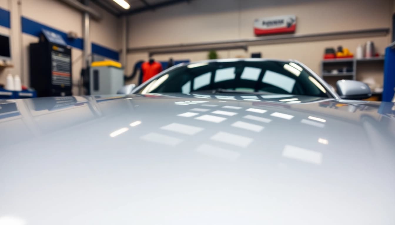 Keramikversiegelung München: Hochglänzendes Fahrzeug mit Keramikversiegelung in modernem Workshop.