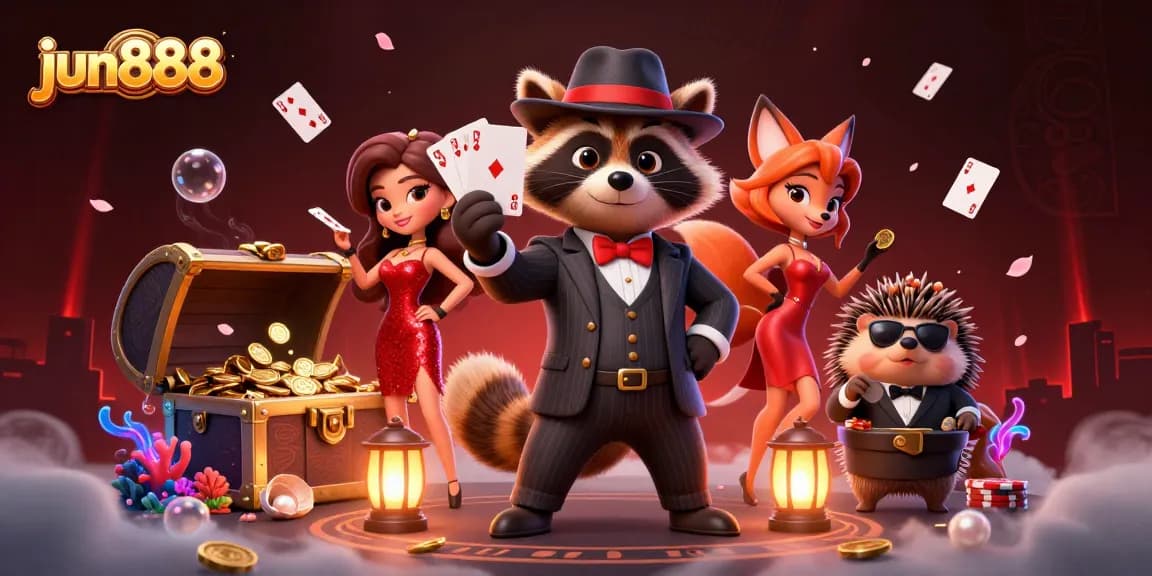 Experience the thrilling action at jun888 with raccoon poker players and treasure chests bursting with gold.