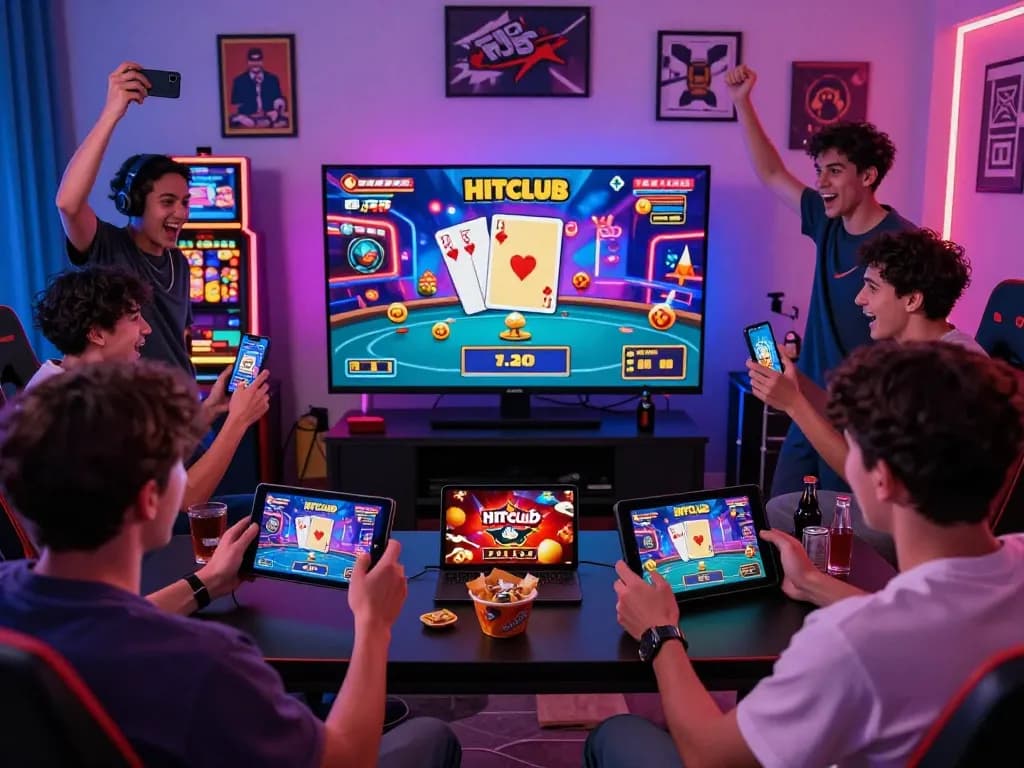 Excited gamers engaging with hitclub's latest online games in a vibrant home setup with multiple devices and colorful graphics.
