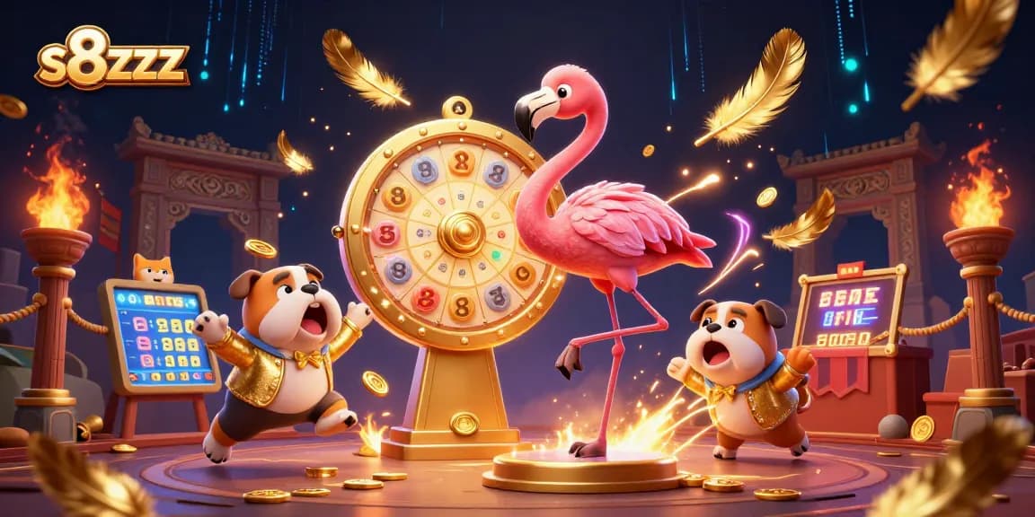 Excited contestants spin the prize wheel in a vibrant s8zzz casino illustration.
