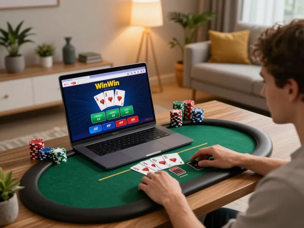 Engage with winwin online casino gaming from home, showcasing vibrant setup and strategic play.