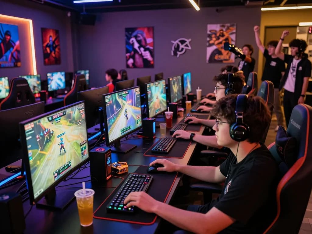 TR88 online gaming lounge filled with players focused on intense matches, colorful LED lights and gaming accessories.