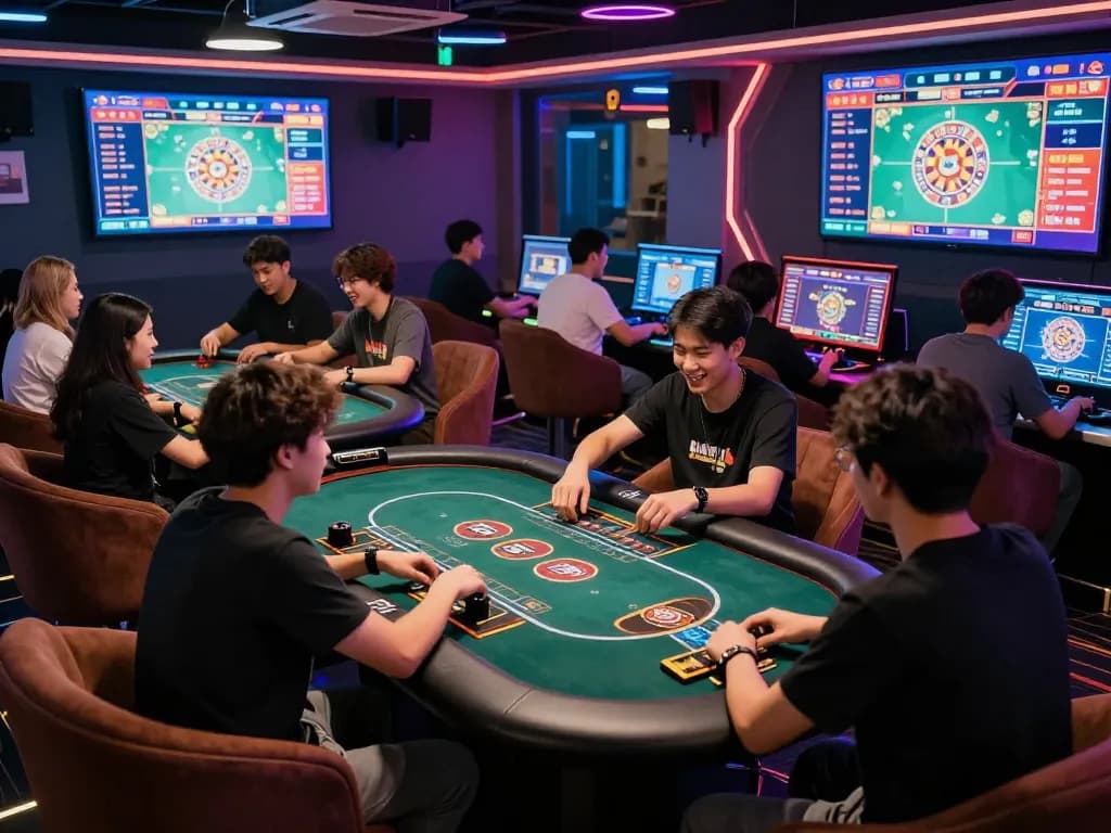 Exciting gaming lounge showcasing players enjoying 娛樂城 with vibrant atmosphere and modern decor.
