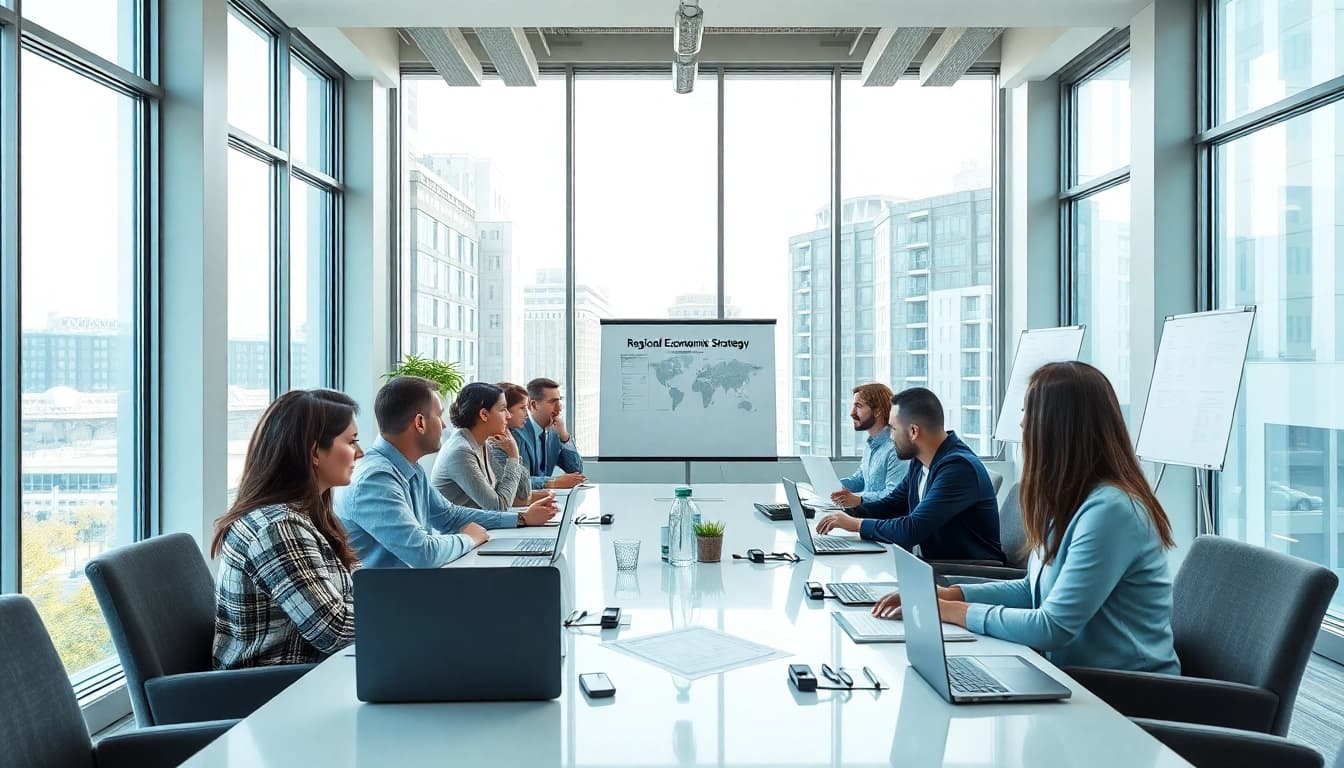 Wirtschaft Regional: Strategiegespräch in modernem Konferenzraum mit vielfältigem Team.
