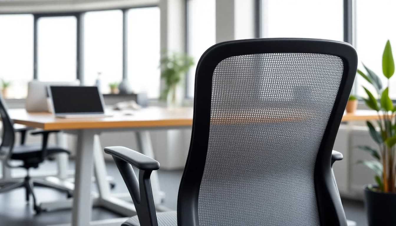 Herman Miller Aeron Stuhl in einem modernen Büro, ergonomisches Design und angenehme Atmosphäre.