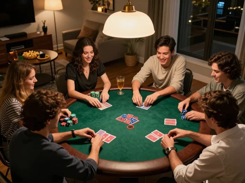 Friendship and excitement during a lively poker game night at home with 5679 strategies in play.