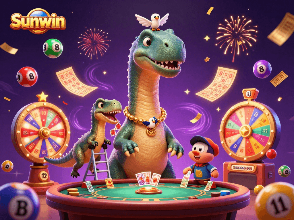 Experience winning fun at Sunwin with a vibrant 3D casino scene featuring lively characters and dynamic game elements.