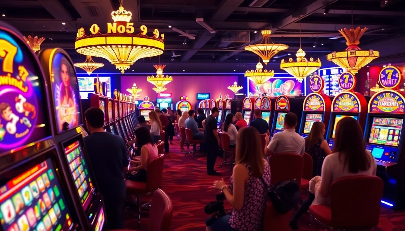 Erlebe den aufregenden online casino bonus mit Spielern, die an bunten Spielautomaten spielen und Gewinne feiern.