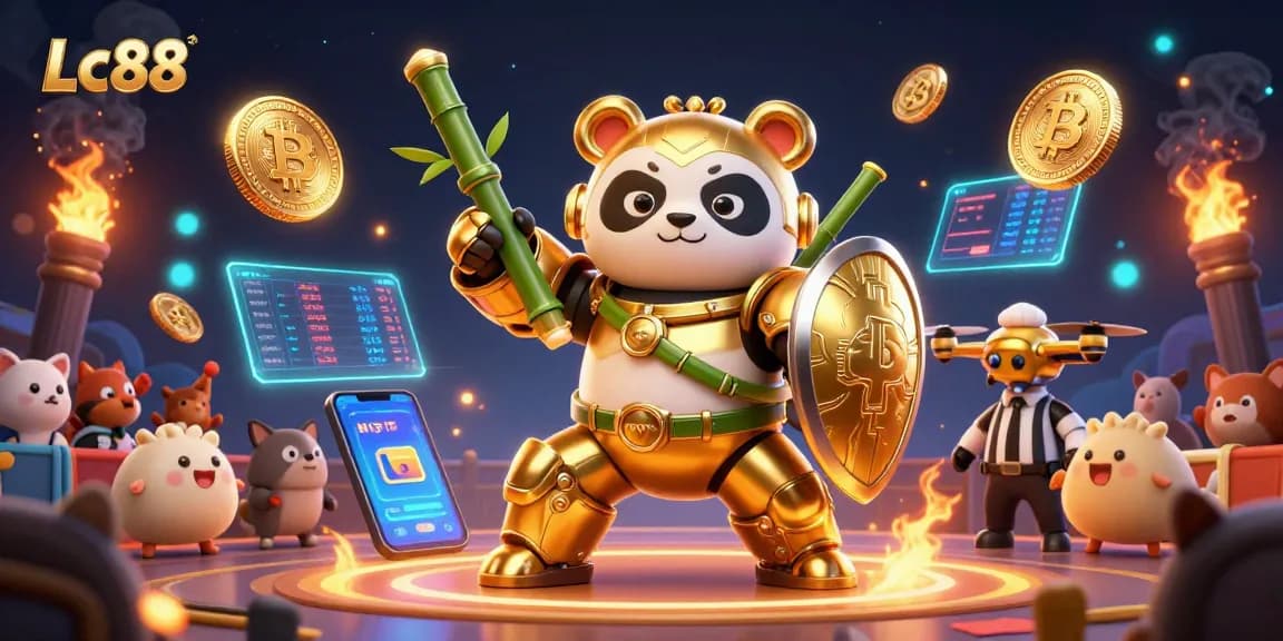 Engage with Lc88’s vibrant 3D illustration showcasing a thrilling mech-suit battle in a crypto-themed casino.