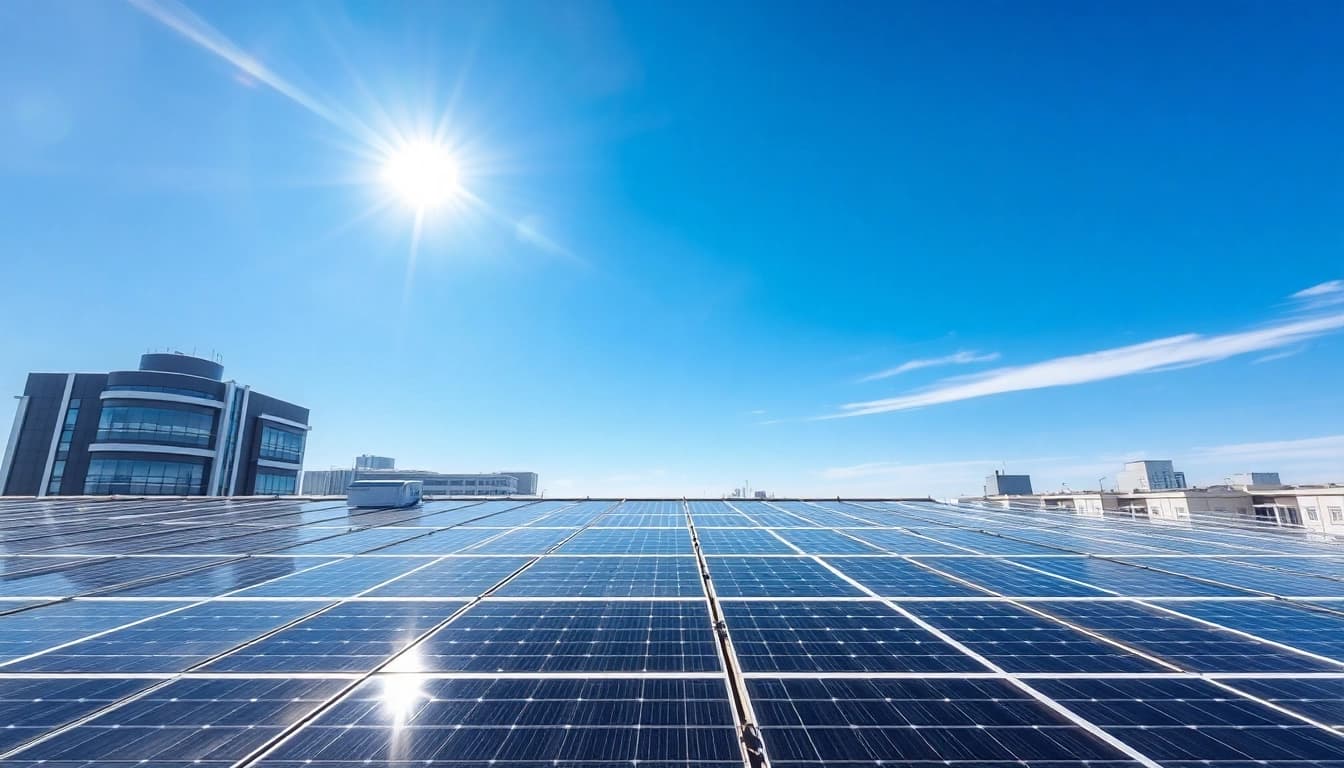 Visualisieren Sie die DACHFLÄCHEN VERPACHTUNG durch eine luftige Perspektive auf eine moderne, solarbetriebene Dachfläche mit glänzenden Solarpanelen.