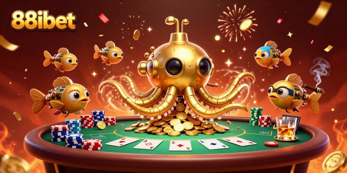 Join the adventure with 88ibet's golden kraken and mechanical fish in this vibrant casino scene.
