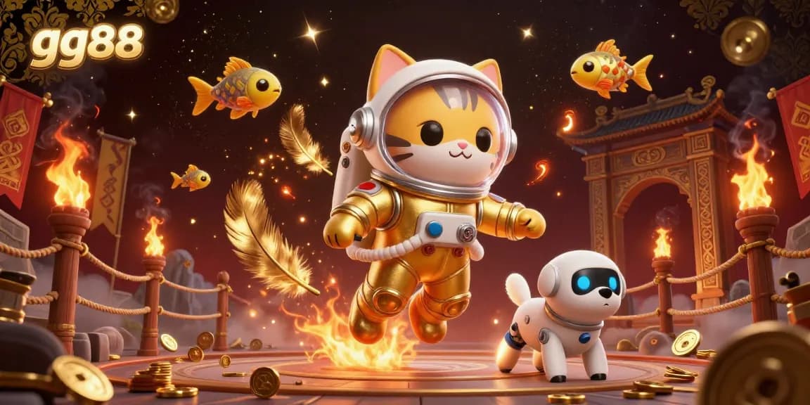 Experience the thrilling adventures of gg88 with a golden astronaut cat and a robot dog in a dynamic casino scene.