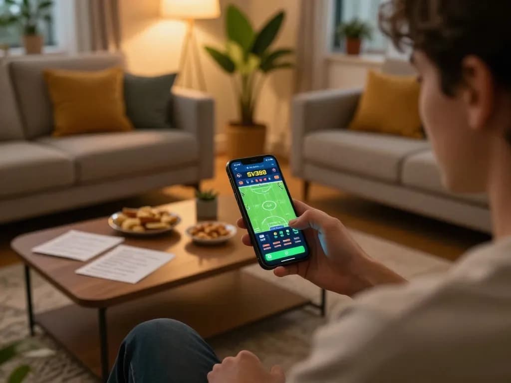 Person utilizing the SV388 app for exciting live-cockfighting bets in a cozy home setting.