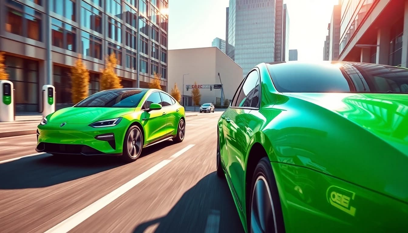 Elektroautos auf einer urbanen Straße, die durch moderne Architektur fahren und umweltfreundlich wirken.