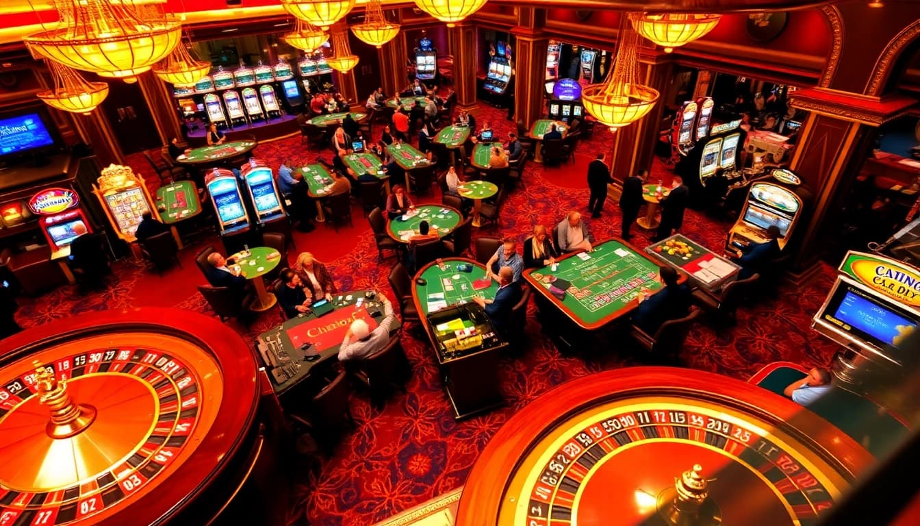 Exciting casino atmosphere with players engaged at tables, featuring https://cpc188.org elements like roulette and poker chips.