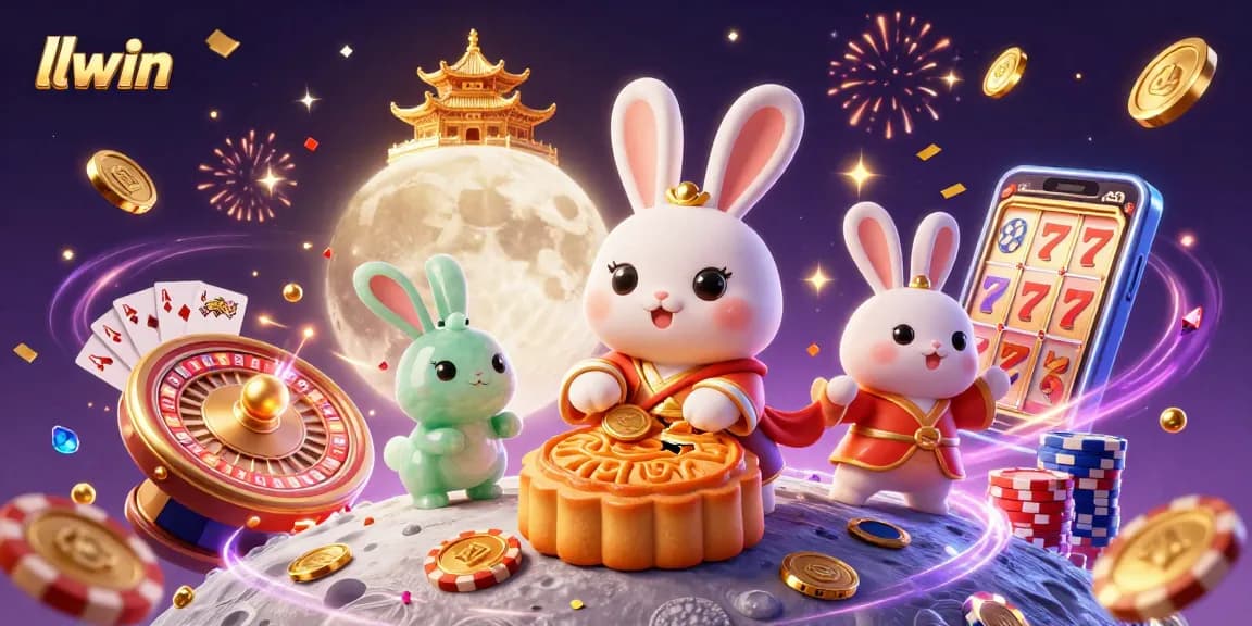 llwin offers casino thrills capturing a 3D moon rabbit celebrating with poker chips and roulette games.