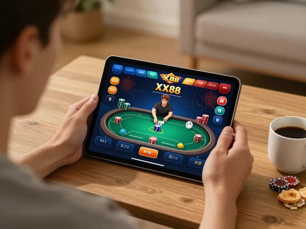 Engaging online poker gameplay on XX88 platform with cozy home setting and responsible gaming atmosphere.