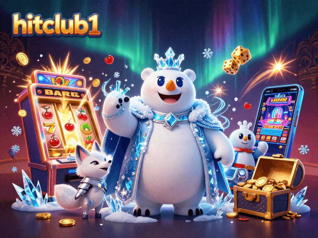 Hitclub1 brings excitement with a cartoon ice king polar bear and vibrant casino elements.
