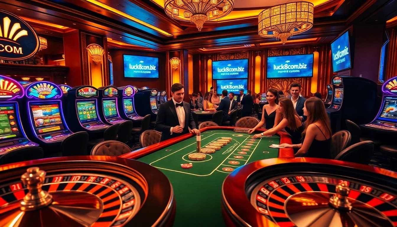 Players enjoying a thrilling poker game at a luxurious casino featuring https://luck8com.biz