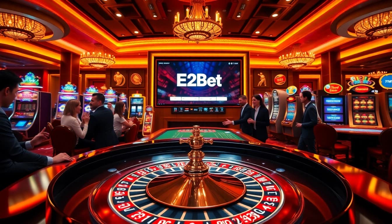 Experience thrilling gaming at E2Bet with vibrant poker tables and slot machines.